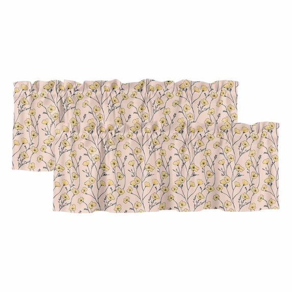 Pink Yellow Spring Floral Curtain Valances for Windows, Kitchen Valance Window Treatments Panel 2 Pack, Summer Botanical Elegant Rod Pocket Short Curtains for Bathroom Bedroom 60 x 18 Inch
