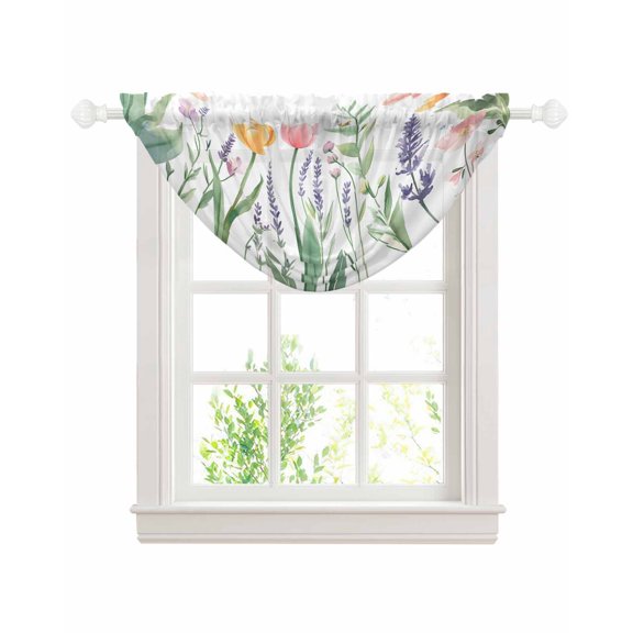 Pink Yellow Spring Floral Sheer Waterfall Valance Curtains for Window, Watercolor Summer Botanical Rod Pocket Sheer Topper Swag Curtains for Living Room, Kitchen 38.5"W x 47.2"L, 1 Panel