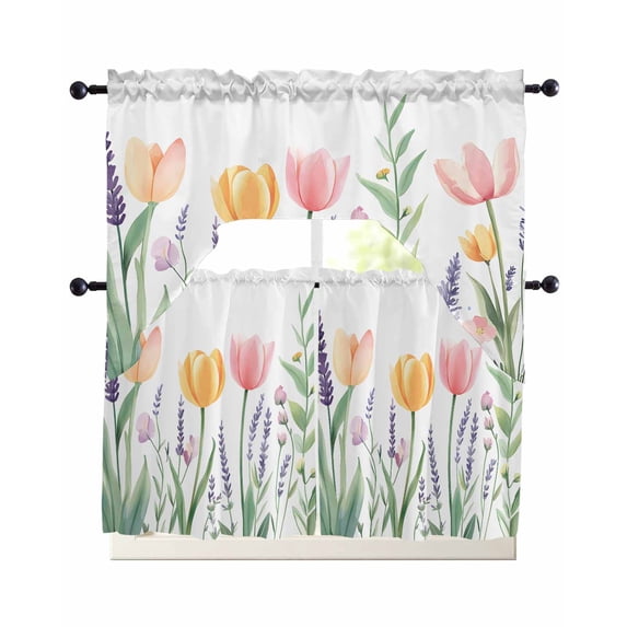 Pink Yellow Spring Floral Swag Curtains for Living Room/Bedroom Windows, Watercolor Summer Botanical Kitchen Curtains and Valances Set 36 Inch Length, Light Filtering Swags Valance Curtain Panels