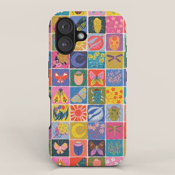 Pink, Yellow, Teal and Blue Tile Grid with Butterflies and Flowers ...