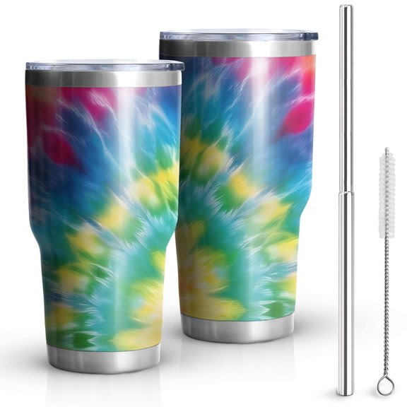 Pink and Yellow Tie Dye Pattern 30oz Insulated Stainless Steel Tumbler, Car Cup Holder Mug with Straw & Cleaning Brush, Fade Resistant Gifts for Home Office Outdoor Car