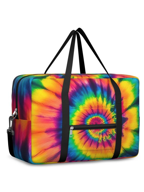 Pink and Yellow Tie Dye Pattern Foldable Travel Duffel Bag, Under Seat Travel Tote with Front Pocket & Trolley Strap, Foldable Design Gifts for Women Men