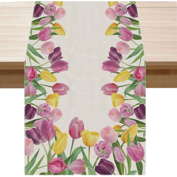 Pink Yellow Tulip Flowers Spring Table Runner Summer Seasons Burlap Table Decoration for Home Kitchen Dining Dinner Indoor Holiday Farmhouse Decor 13x48 Inch