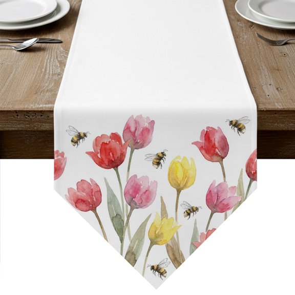 Pink Yellow Tulips Table Runner Linen Burlap Table Runner 36 Inches Small Elegant Farmhouse Botanical Flowers Dresser Scarves for Kitchen Island Coffee Dining Room Party Wedding Holiday Decor 13"x36"