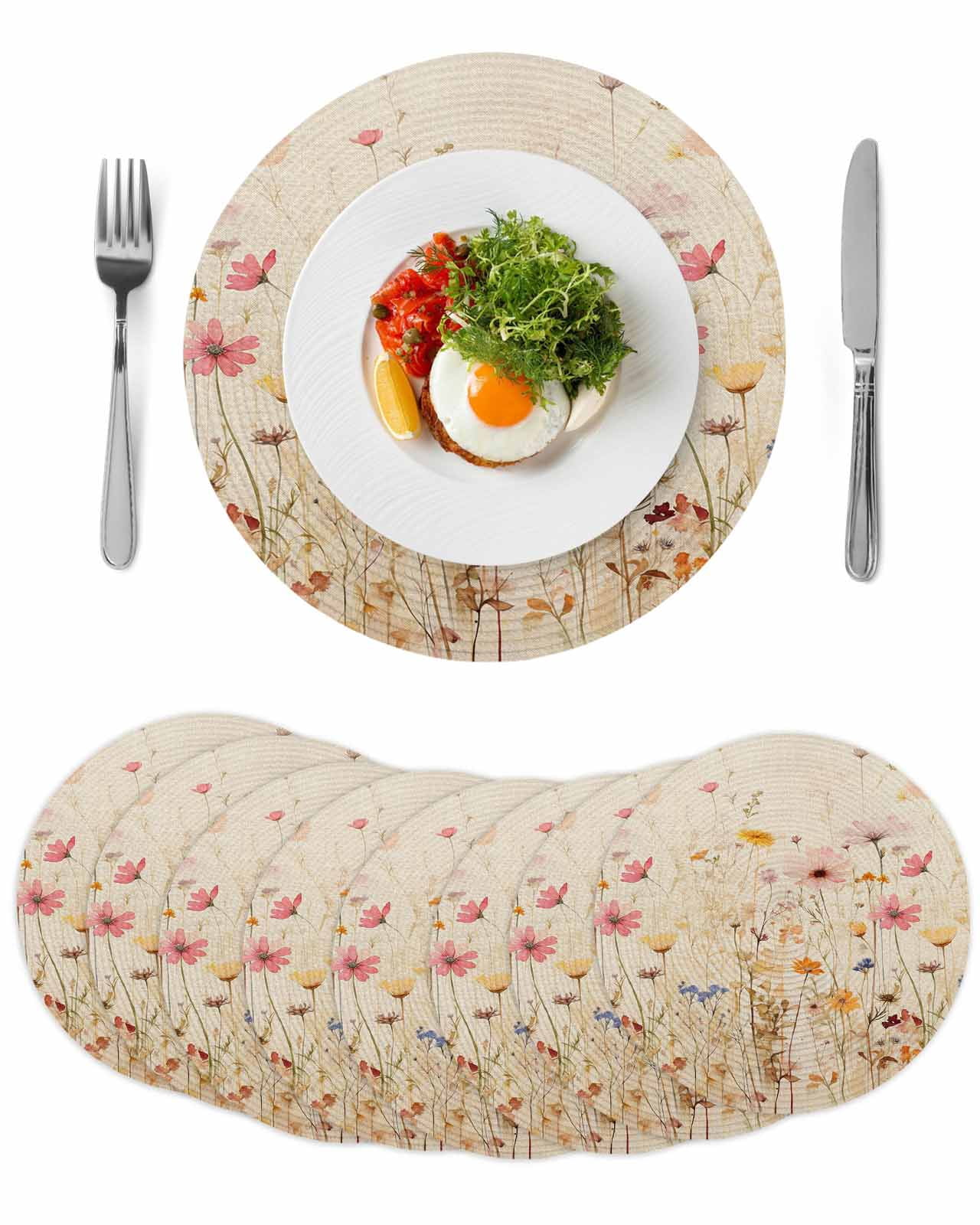 Pink Yellow Vintage Flowers Round Table Placemats set of 8, Rustic ...