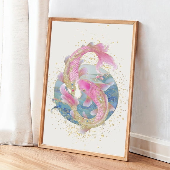 Pink Yin Yang Koi Fish Print, Elegant Japanese Wave Wall Art Home Decor #1084, Unframed Canvas Size 8x12