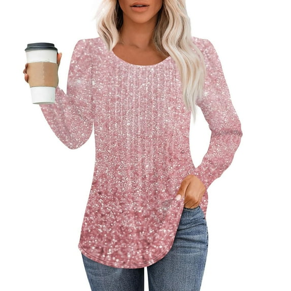 Pink Young Adult Tops Womens Fall Tops Loose Fit Pleated Long Sleeve Shirts Casual Crewneck Floral Print Blouse Plus Size Tees Plus Size Tops for Women