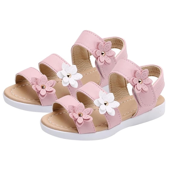 Pink Youth Roman Sandals With Three-Flower Design, Providing Comfortable Walking For Summer Activities With Reliable Construction