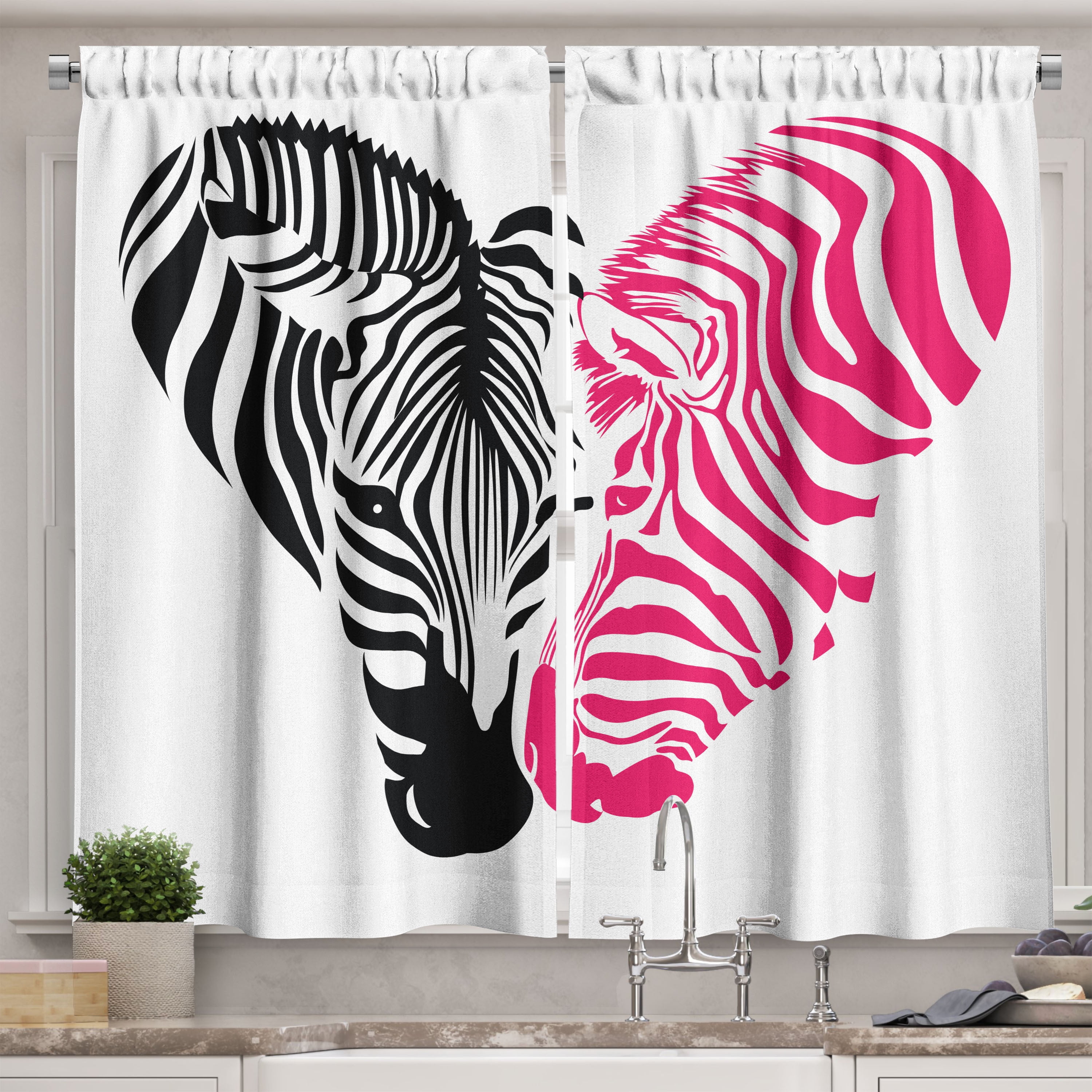 Pink Zebra Curtains 2 Panels Set, African Zebra Couple Heads in the