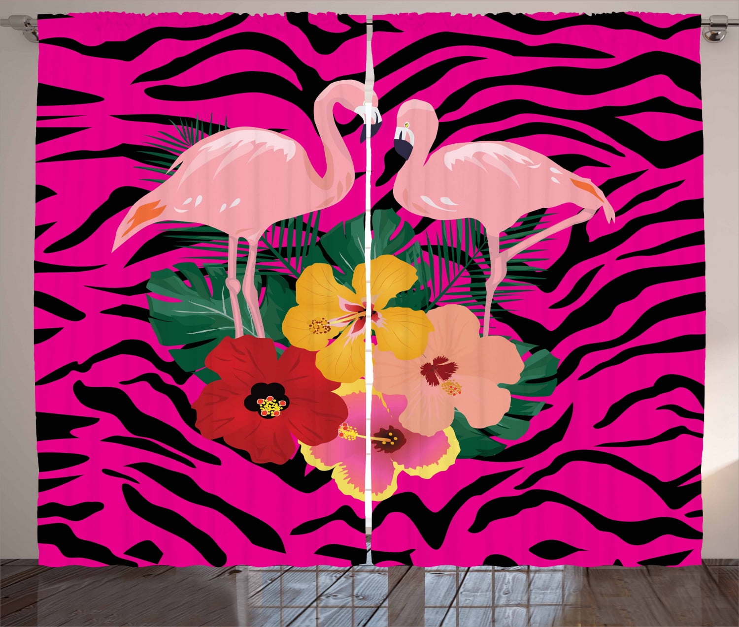 Pink Zebra Curtains 2 Panels Set, Exotic Love Pink Flamingos on
