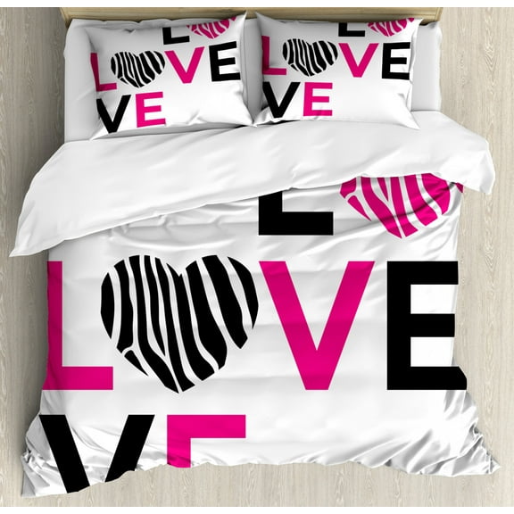 Pink Zebra Duvet Cover Set Queen Size, I Love You Calligraphy Zebra Stripes Hearts Valentines Illustration, Decorative 3 Piece Bedding Set with 2 Pillow Shams, Pink Black White, by Ambesonne