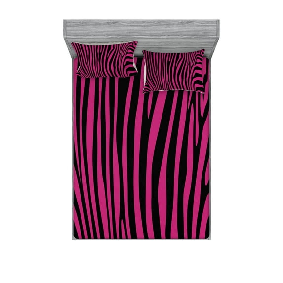 Pink Zebra Fitted Sheet & Pillow Sham Set, Animal Wilderness Pattern Jungle Mammal Fashion Boho Graphic, Decorative Printed 6 Piece Bedding Decor Set, King, Hot Pink Black, by Ambesonne