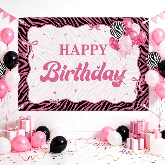 Pink Zebra Happy Birthday Backdrop Stripe Pattern for Safari Jungle Theme Birthday Party Decorations Photography Background Banner