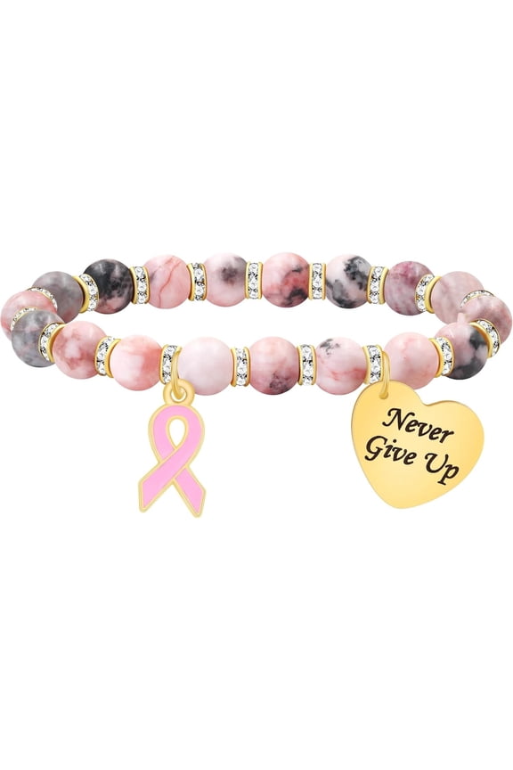 Pink Zebra Jasper Breast Cancer Awareness Bracelet – Never Give Up Heart Charm & Pink Ribbon, Stretch Beaded Natural Stone Bracelet for Women, Inspirational Cancer Support Jewelry Gift