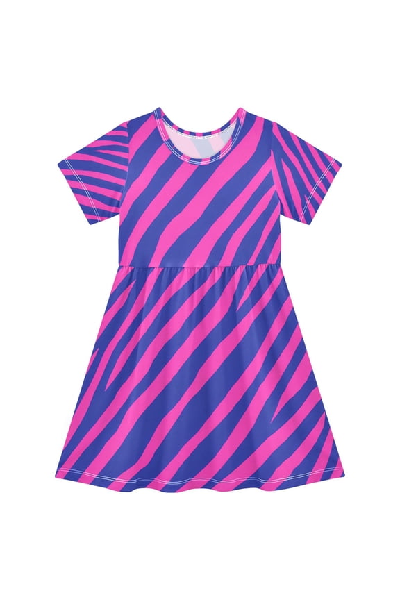Pink Zebra Pattern Girls Short Sleeve Dress A Line Sun Protection Breathable Comfort Sundress 3T