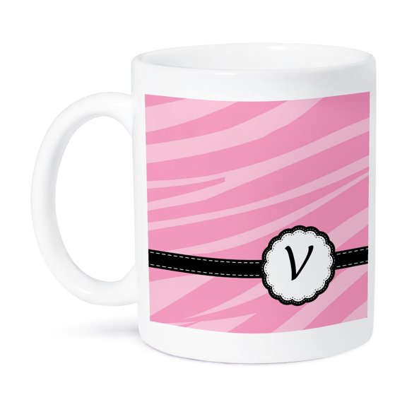 3dRose, Pink Zebra Print Monogram Letter V, 15oz Mug