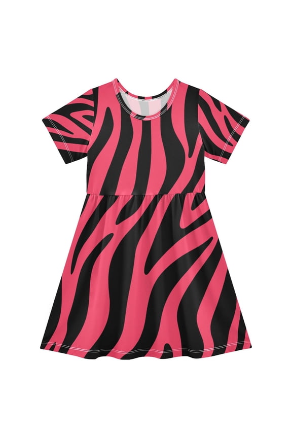 Pink Zebra Print Pattern Girls Short Sleeve Dress A Line Sun Protection Breathable Comfort Sundress 3T