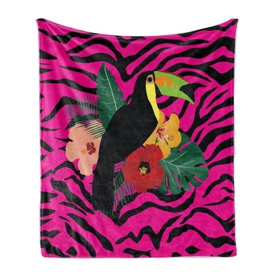 Pink Zebra Soft Flannel Fleece Blanket, Toucan Bird Sitting on Hibiscus Plants Flowers Large Leaves on Zebra Background, Cozy Plush for Indoor and Outdoor Use, 60" x 80", Multicolor, by Ambesonne
