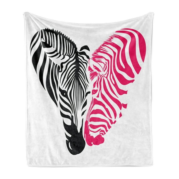 Pink Zebra Soft Flannel Fleece Throw Blanket, Zebra Couple Heads in the Shape of Heart Love Wedding Celebration, Cozy Plush for Indoor and Outdoor Use, 50" x 70", Pink Black White, by Ambesonne