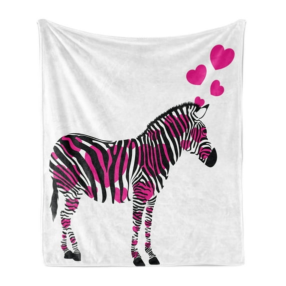 Pink Zebra Soft Flannel Fleece Throw Blanket, Zebra in Love with Hearts Pastel Valentines Wedding Anniversary, Cozy Plush for Indoor and Outdoor Use, 60" x 80", Black White Pink, by Ambesonne