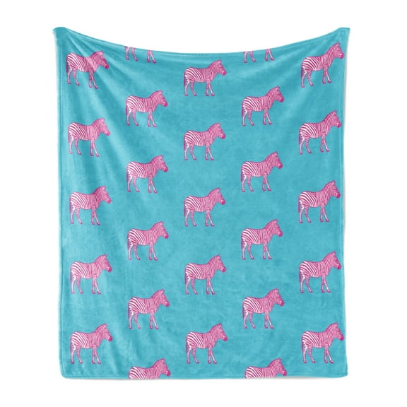 Pink Zebra Soft Flannel Fleece Throw Blanket, Zebras Savannah Fashion Grunge Exotic Lands Illustration, Cozy Plush for Indoor and Outdoor Use, 50" x 70", Blue Pink and White, by Ambesonne
