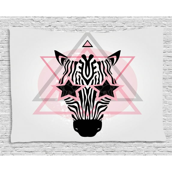 Pink Zebra Tapestry, Zebra Head Star Eyes Boho Portrait Geometric Primitive Effect Ethnic, Wall Hanging for Bedroom Living Room Dorm Decor, 60W X 40L Inches, Baby Pink Black White, by Ambesonne
