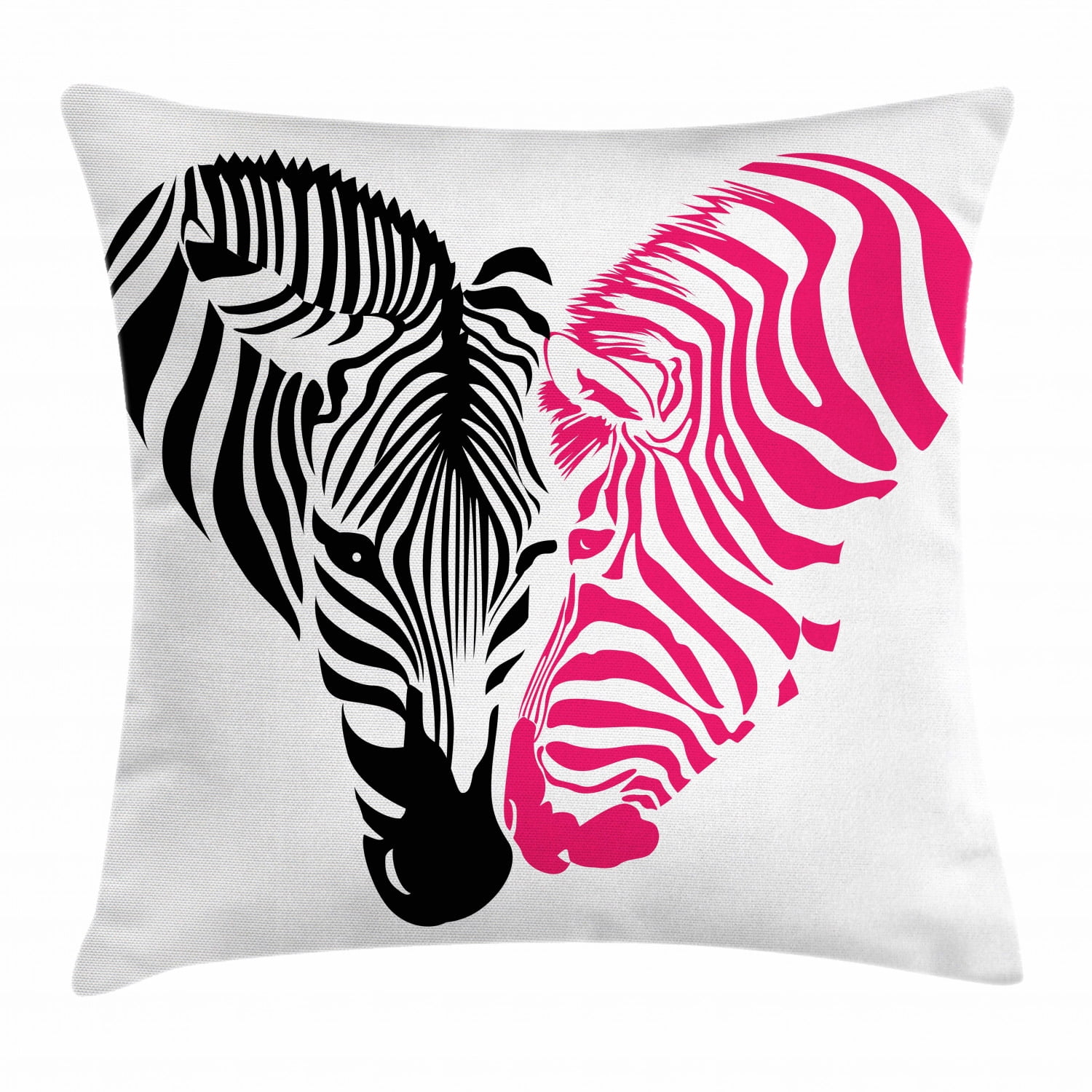 Pink Zebra Throw Pillow Cushion Cover, African Zebra Couple Heads in the Shape of Heart Love