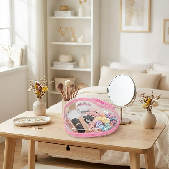 Pink Zippered Hard Shell Toiletry Bag- Upgrade Clear Makeup Bag with Heart-Shaped,Toy Storage Organizer Bins,Toiletry Pouch, Travel Organizer
