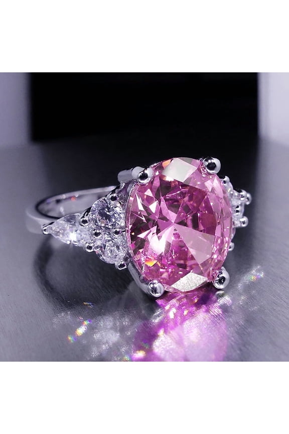 Pink Zircon Big Oval Stone Ring Female Shining Crystal Engagement Rings For Women Vintage Rose Gold Silver Color Wedding Jewelry