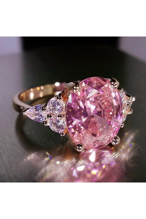 New Pink Zircon Big Oval Stone Ring Female Shining Crystal Engagement Rings For Women Vintage Rose Gold Silver Color Wedding Jewelry