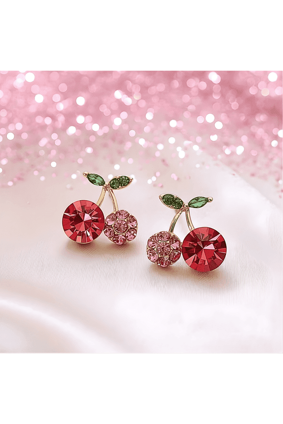 Pink Zircon Cherry Earrings for Women, Sparkly Cherry Fruit Fashion Jewelry Stud Earrings