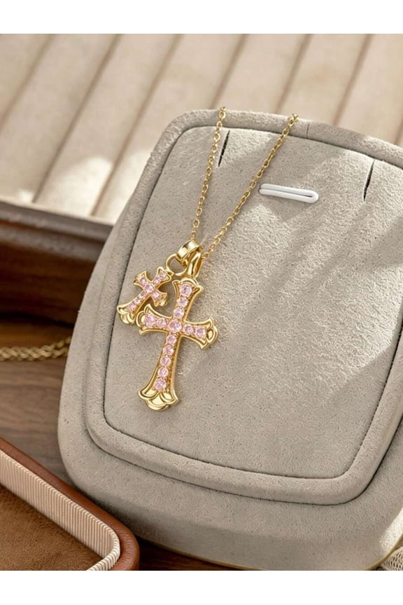 Pink Zirconia Double Cross Pendant Necklace In Goldtone Stainless Steel