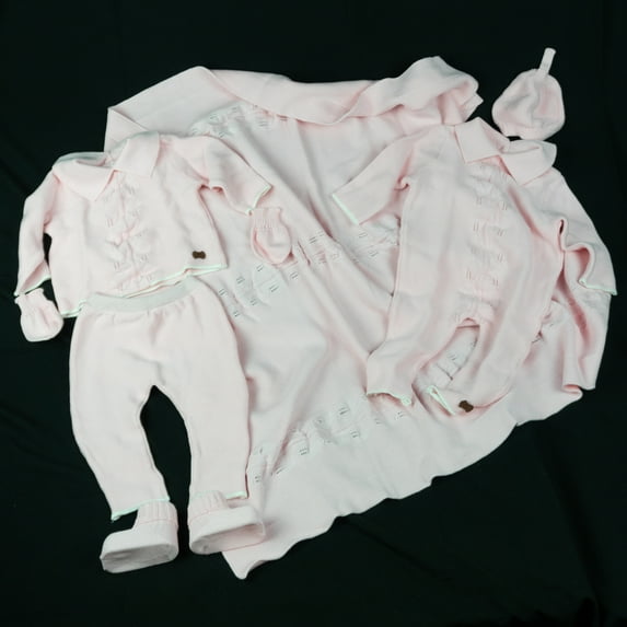 Pink also Blue Knitwear with Pink Leaves outfit for babies and newborns set of 7 pieces including blanket, cap, romper, sweater, pant, mittens, and footie.