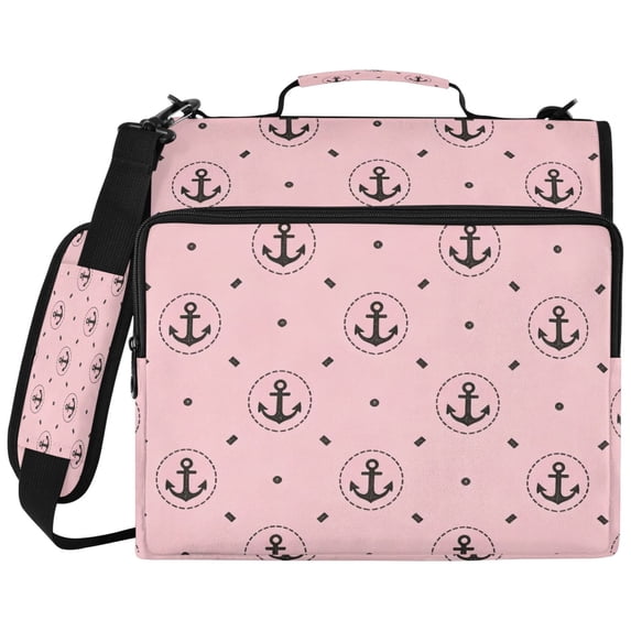 Pink-anchor Printed Zipper Binder with Handle&Shoulder Strap 2 inch 3 Ring 500+300 Sheet Capacity File Folder Organizer