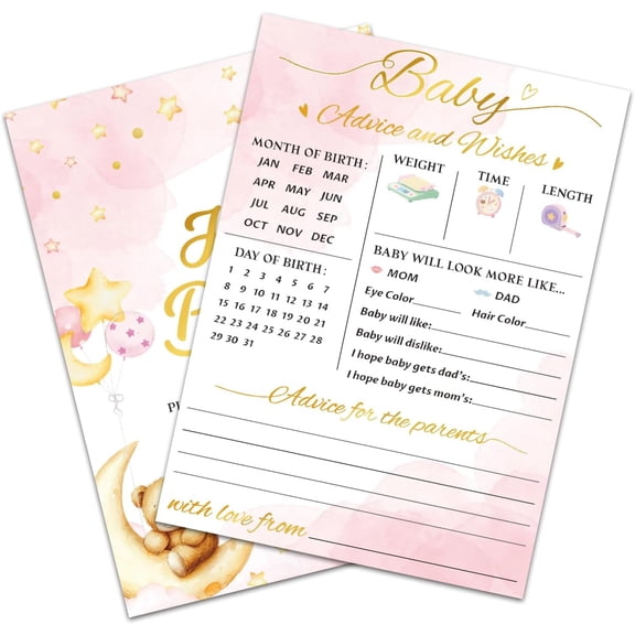 Pink and Bear 50 PCS Baby Prediction Advice & Wishes Cards for the Parent-to-be Baby Shower Games - 5x7in Baby Prediction