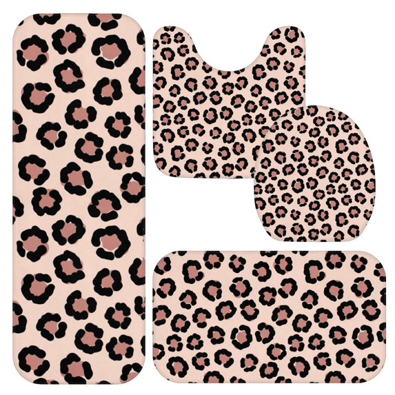 Pink and Beige Leopard Print Bathroom Rug Set 4 Piece,Includes Contour,Lid Cover,Bath Mat,Non-Slip Extra Soft Absorbent Washable
