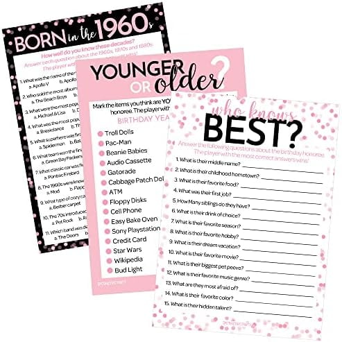 Pink and Black 60th Birthday Game Bundle - Set of 3 Birthday Party Games for 20 Guests, Born in The 1960s Theme$$Home Decor, Kitchen, & Other