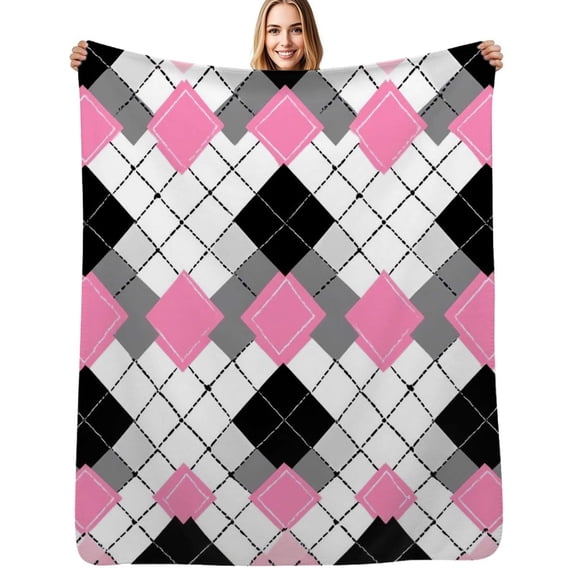 Pink and Black Argyle Pattern Flannel Blankets Soft Throw Blanket Winter Travel Office Outdoor Bedspread