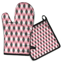 Pink and Black Argyle Pattern Kitchen Oven Mitt and Pot Holder Sets 2 Pcs for Baking, Cooking and Grilling, Heat Resistant Up To 392 °F