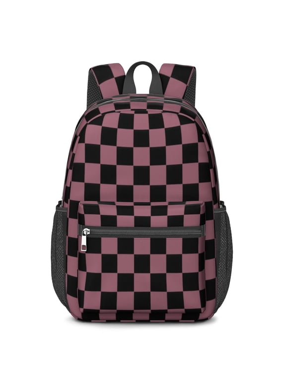 Pink and Black Checkered Pattern 17" School Backpacks for Teens,Waterproof Oxford Fabric,S-Shape Padded Straps for School,Travel,Hiking,Camping
