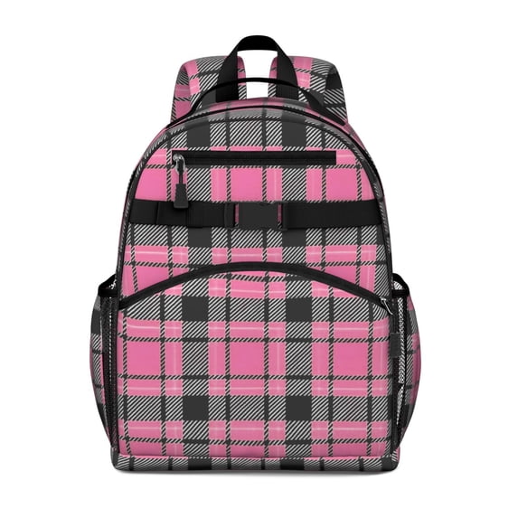 Pink and Black Checkered Pattern Backpack for School, Cute School Bag with Adjustable Shoulder Straps and Padded Back, 15.25"x11.5"x5.25"
