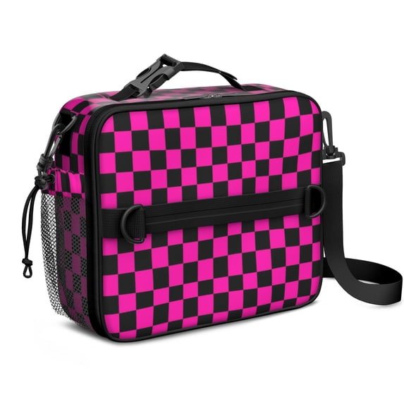 Pink and Black Checkered Pattern Insulated Lunch Bag with Shoulder Strap and Bottle Holder,Bento School Lunch Bag Box,11x9.5x3.5 Inches