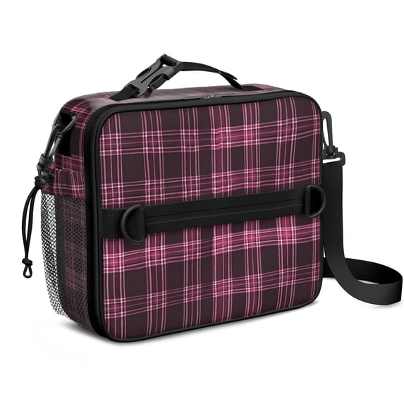 Pink and Black Checkered Pattern Insulated Lunch Bag with Shoulder Strap and Bottle Holder,Bento School Lunch Bag Box,11x9.5x3.5 Inches