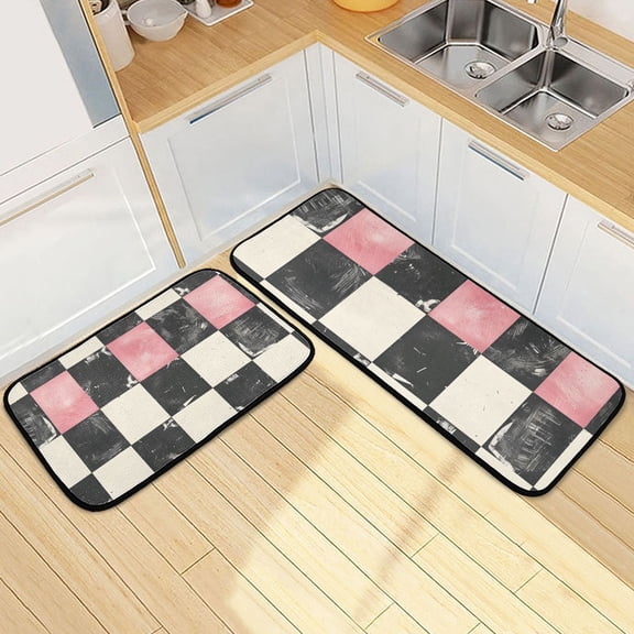 Pink and Black Checkered Pattern Kitchen Rugs Set Non Slip Mats Runner for Dining Room