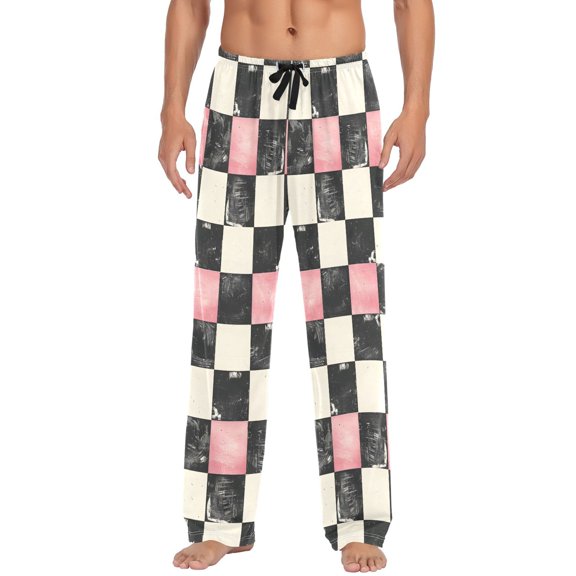 Pink and Black Checkered Pattern Men's Pajama Pants Cotton Long Sleepwear Lounge Pants XL