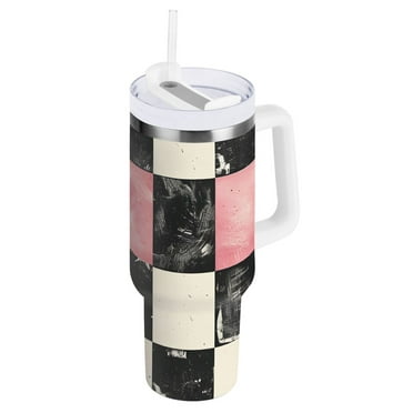 Pink and Black Checkered Pattern Tumbler with Handle and Straw Insulated Travel Mug Reusable Stainless Steel Water Bottle 40 oz