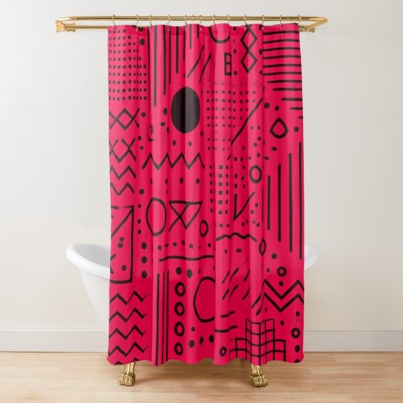Pink and Black Geometric Lines, Circles and Zigzags Shower Curtain, 100% Polyester, Eclectic Bathroom Decor