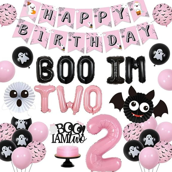 Pink and Black Halloween Decorations for Girl's 2nd Birthday - Boo I'm Two Balloon, Happy Birthday Banner, Number 2, Bat Ghost Paper Fans