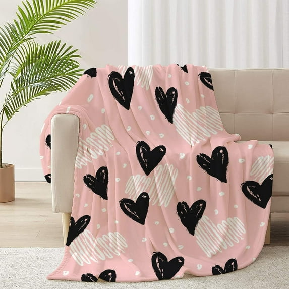 Pink and Black Hearts Fleece Flannel Lightweight Blankets Plush Microfiber Bedding Throw Blanket for Couch and Bed 60"x50" for Teens