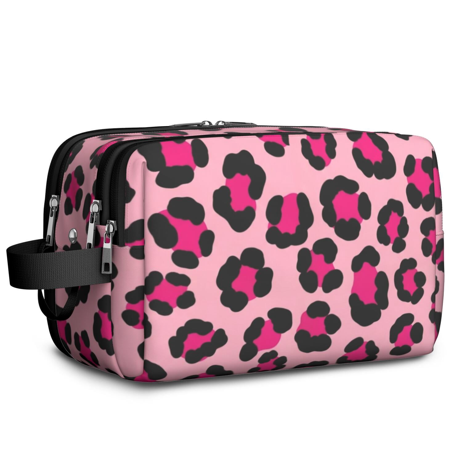 Pink and Black Leopard Print Pattern Travel Toiletry Bag, Dopp Kit with ...